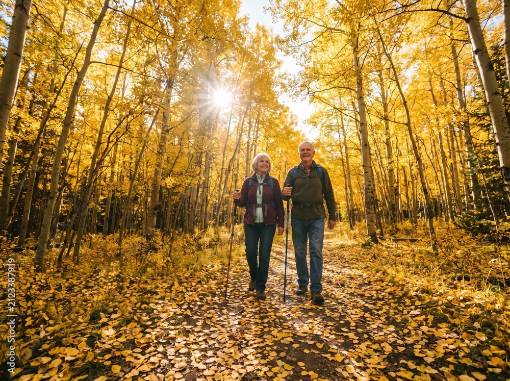Fototapeta premium Couple walking together through a golden autumn forest path.