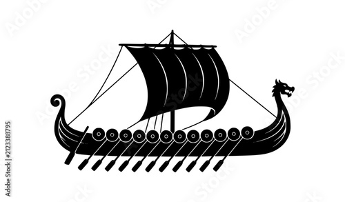Bild auf Leinwand Minimal Viking drakkar silhouette with dragon prow sail shields and rowing oars