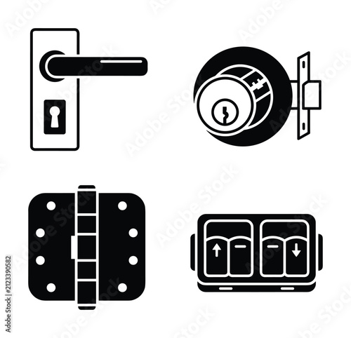 Black glyph icon set of door handle, deadbolt lock, door hinge
