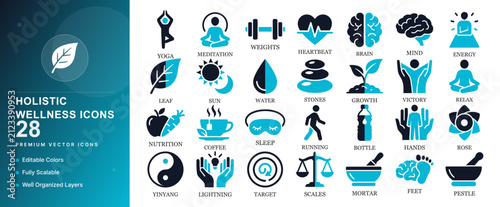 holistic wellness health yoga meditation mind body care icon set vector illustration graphic flat modern isolated web ui
