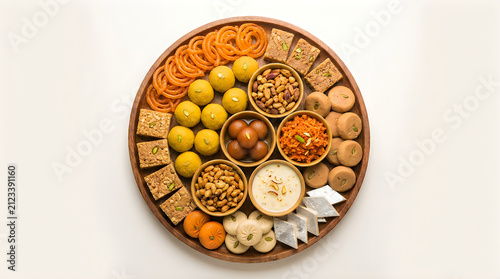 Top view of a festive platter filled with traditional indian sweets and dry fruits for diwali celebration