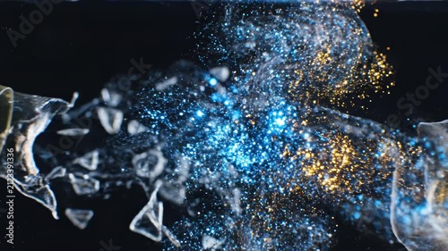 AI generated 4k video of exploding glass shattering into glowing particles in dark lighting.