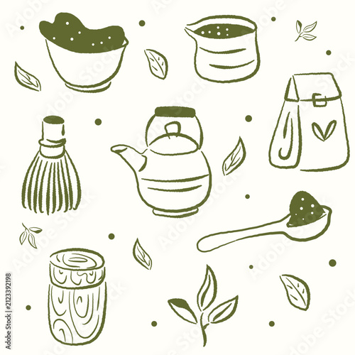 Japanese Green Tea Accessories and Matcha Making Tools Vector Set