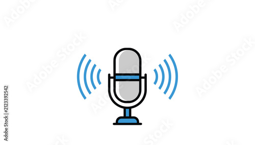 Professional podcast microphone icon with blue details and sound wave lines on both sides over a clean white background.