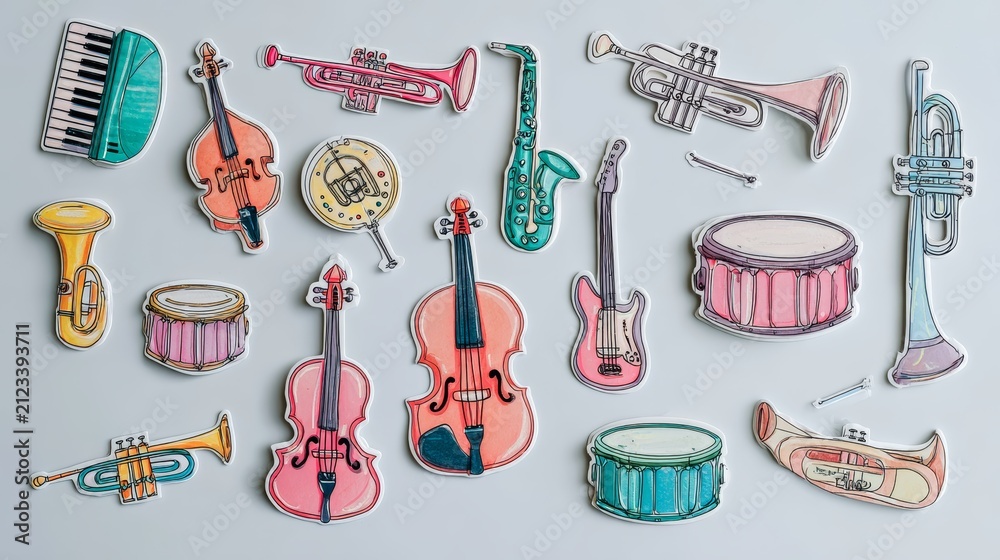 Fototapeta premium collection of glossy die-cut stickers of musical instruments arranged on white background, each with thick outline, pastel highlights, and playful details