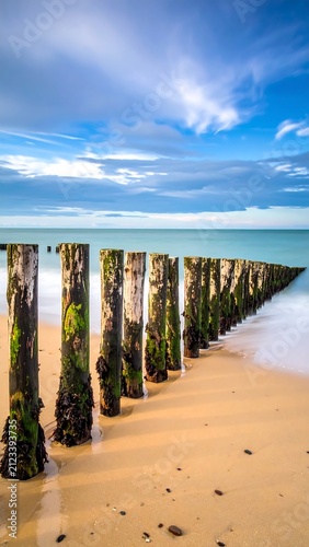 Wooden posts in the sand at the beach with the ocean in the background