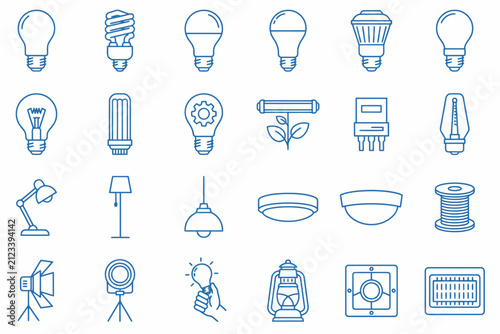Light bulb and lighting fixtures line icon set for electrical and interior design concepts