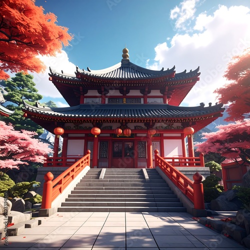 A serene Asian temple surrounded by vibrant pink trees and a clear blue sky with white clouds