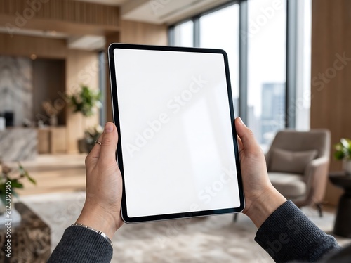 Hands Holding Blank Tablet Mockup with White Screen