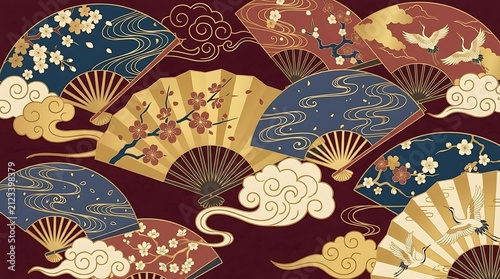 Vintage Japanese folding fans with floral patterns.