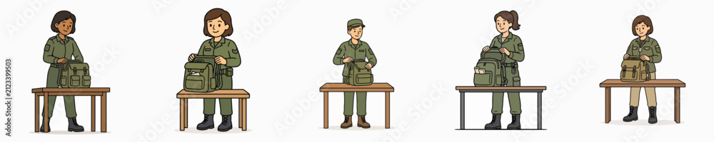Obraz premium Set of vector illustrations of a female soldier checking a backpack.