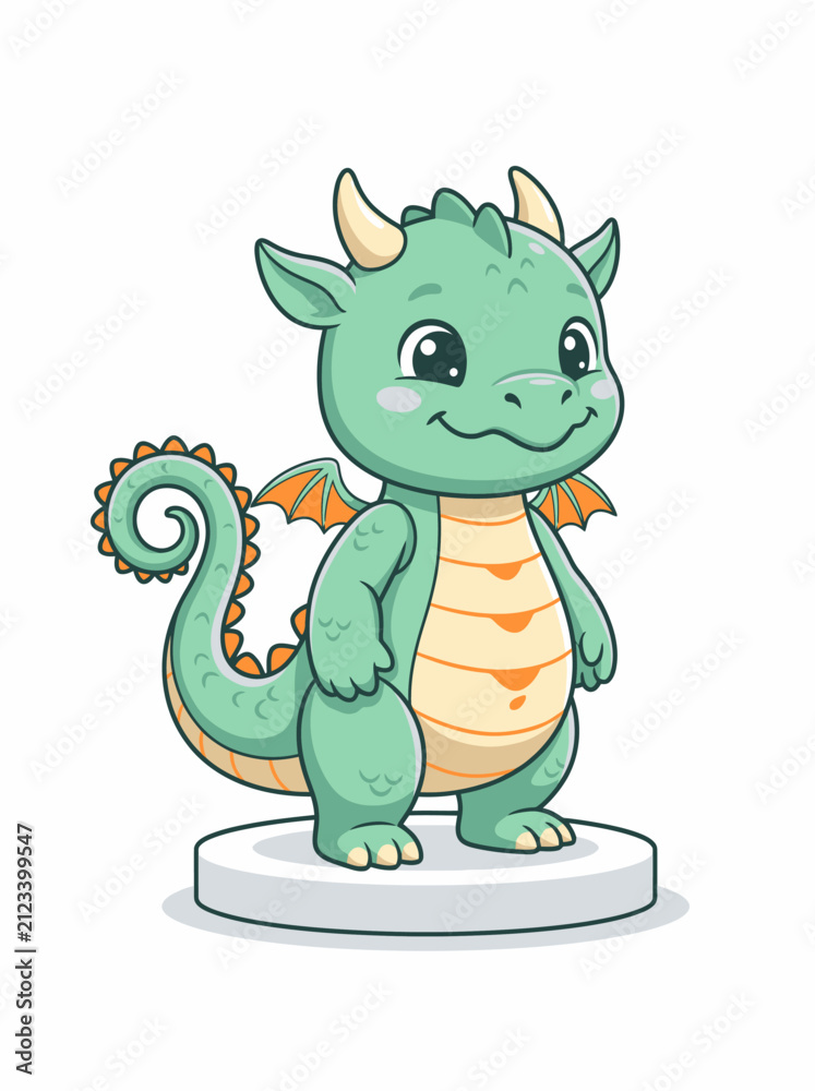 Fototapeta premium A cute little green baby dragon character standing on a white circular platform.