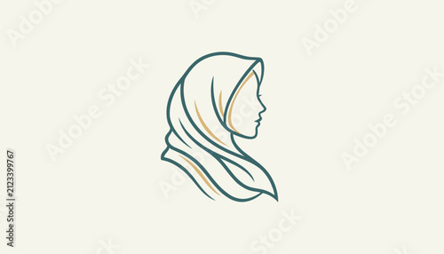 Minimalist line art vector profile illustration of a beautiful muslim woman wearing an elegant hijab headscarf.