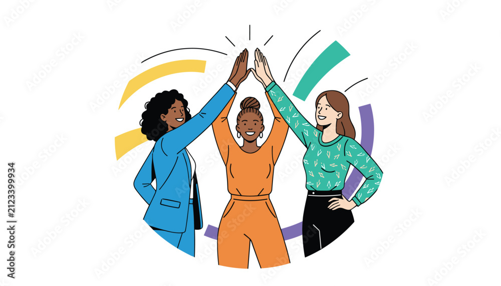 Fototapeta premium Diverse group of businesswomen giving high five in a circle celebrating success teamwork and female empowerment.