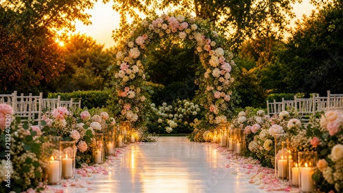Golden hour garden wedding aisle with rose arch, candles and flower petals