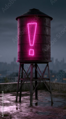 Neon Pink Exclamation Mark on Urban Rooftop Water Tower at Night
