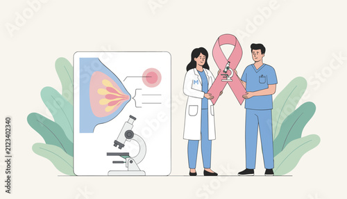 Doctor and nurse holding a giant pink ribbon next to a breast anatomy diagram and a microscope, promoting cancer awareness and research.