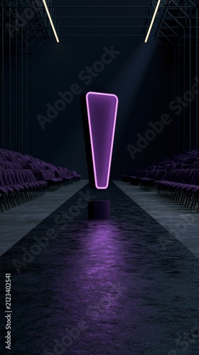 Dramatic Neon Purple Exclamation Mark on a Dark Stage with Empty Seating