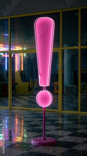 Vibrant Pink Neon Exclamation Mark Glowing in a Retro Arcade Interior