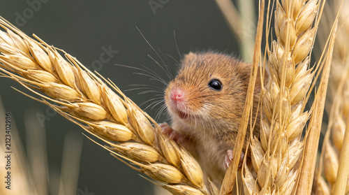 Cute tiny harvest mouse climbing on golden wheat stalks