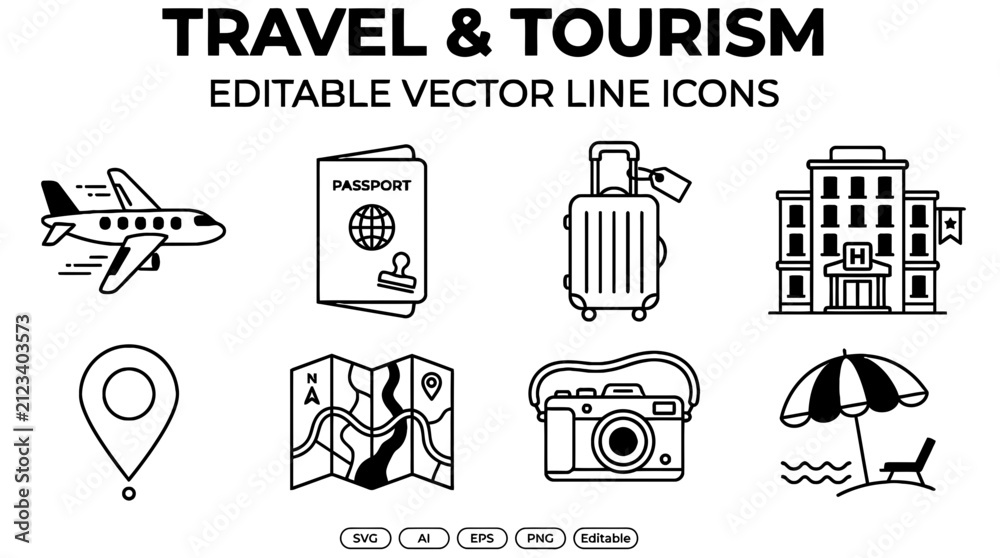 Fototapeta premium Travel and tourism line icons set. Vacation symbols for web design and mobile apps.