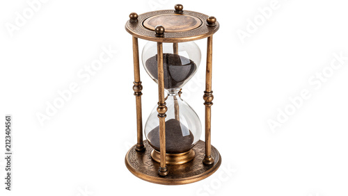Vintage brass sand hourglass egg timer clock isolated on transparent background cut out
