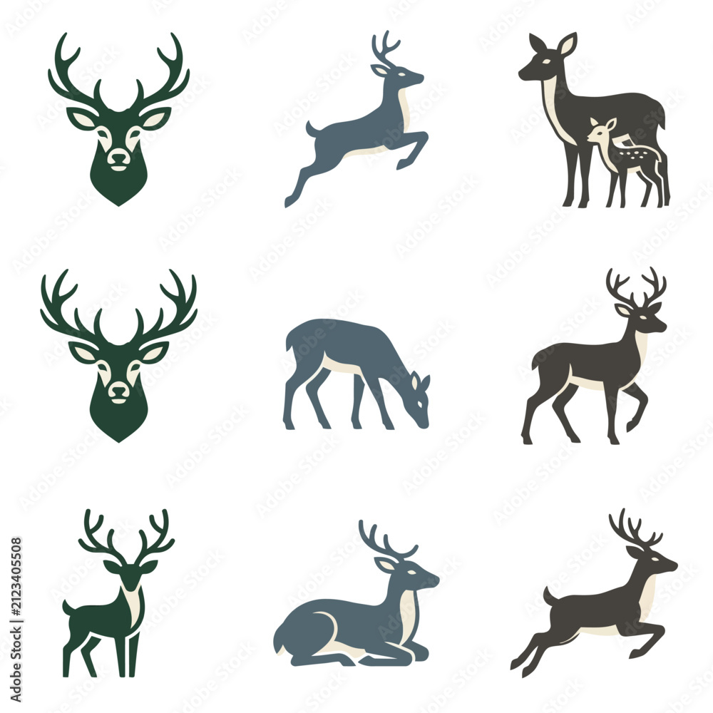 Fototapeta premium A Comprehensive Collection of Deer Icon Illustrations Featuring Various Poses and Natural Movements