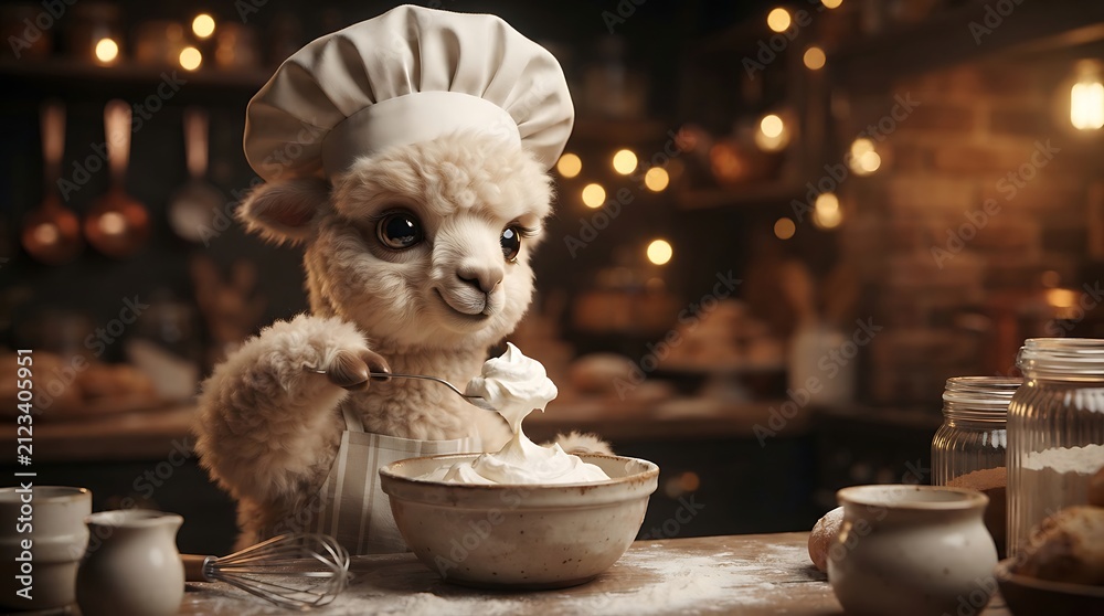 Naklejka premium Adorable fluffy baby alpaca wearing a chef hat baking in a cozy kitchen.