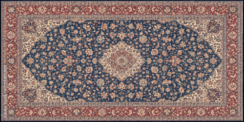 Ornate traditional Persian rug top view on white background