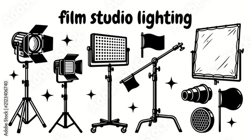 cinematic film studio lighting equipment featuring Fresnel lights LED spotlights panel lights C stands barn doors diffusion frames flags light modifiers and control set for filmmaking television