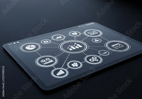 Futuristic Digital Interface Displaying Business Analytics and Data Visualization.