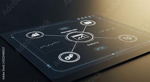 Futuristic Digital Interface with Icons and Data Visualization.