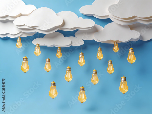 Paper clouds with light bulbs as rain