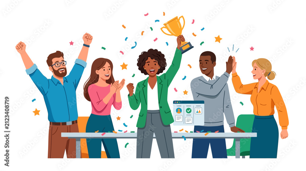 Fototapeta premium Diverse team celebrating victory and holding trophy with confetti