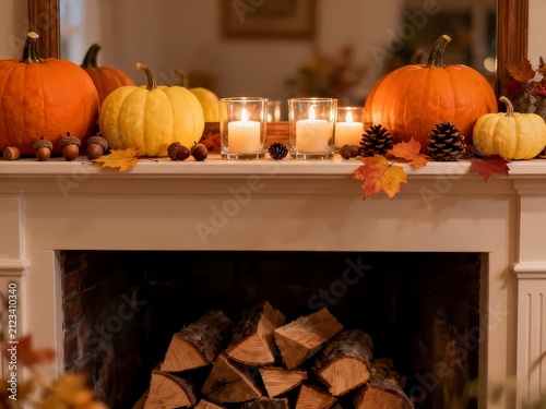 Cozy autumn fireplace mantle decor featuring pumpkins, burning candles, and rustic firewood for a warm seasonal home interior aesthetic
