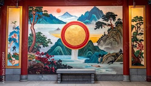A serene Asian-style mural depicting mountains, trees, and a body of water with a golden circle at its center