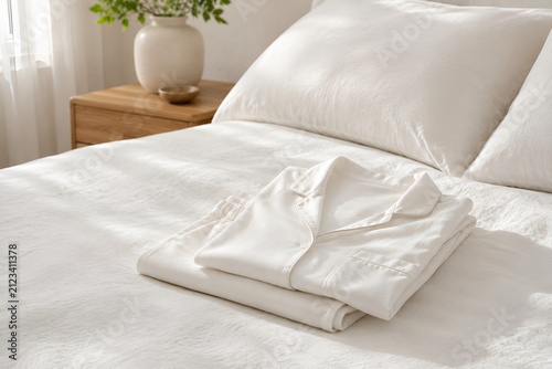 Neatly folded white cotton pajamas placed on a freshly made bed in a bright Scandinavian bedroom. Clean and calming healthy sleep lifestyle concept