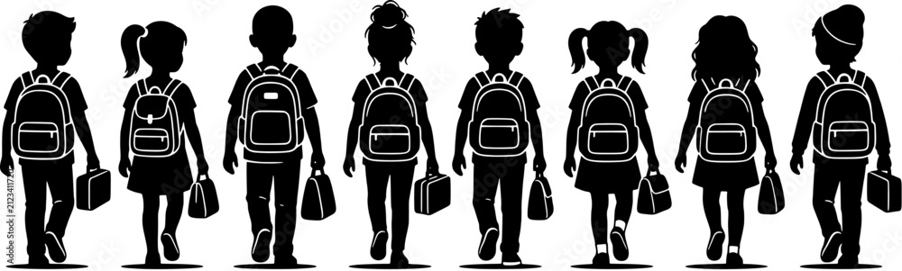 Obraz premium School children icon set in a flat black silhouette style including boys and girls with backpacks and lunch boxes walking to school.