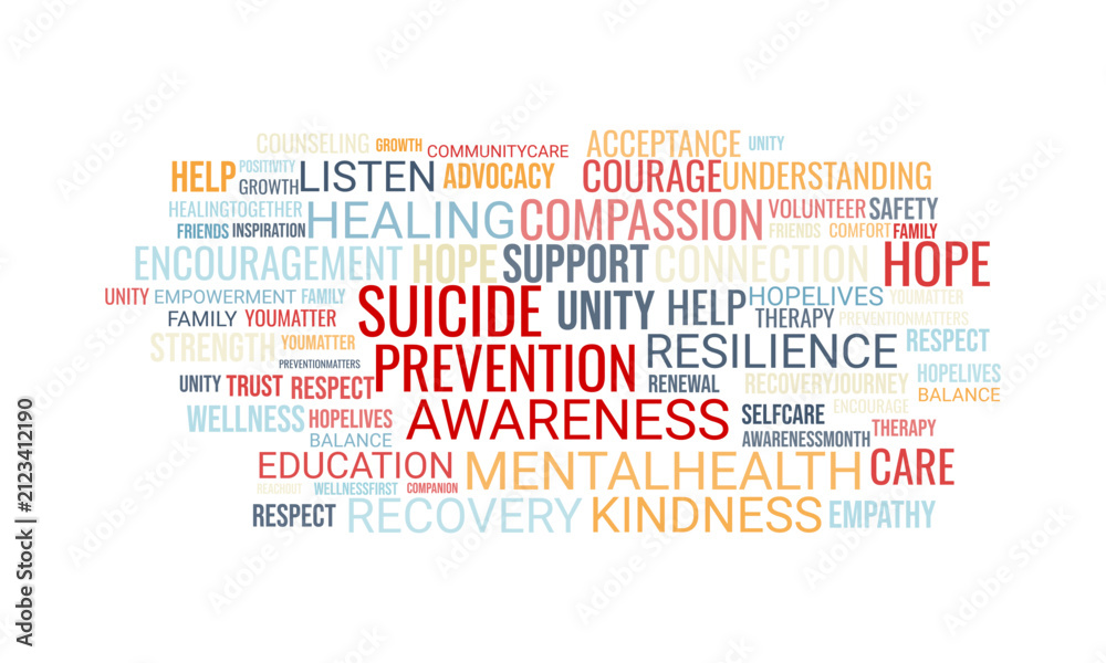 Fototapeta premium Suicide prevention word cloud promoting hope, kindness, compassion, awareness, healing, and emotional support.
