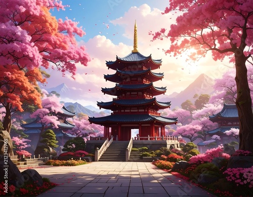 A serene Asian-style pagoda stands amidst vibrant pink cherry blossoms and lush greenery, with a mountain range in the background under a partly cloudy blue sky