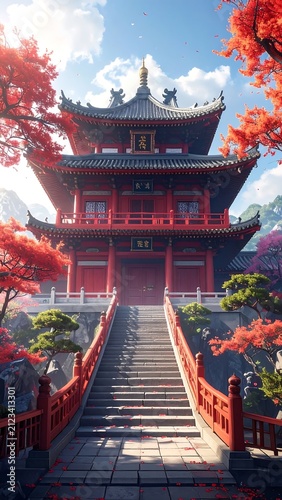 A serene Asian-style pagoda surrounded by vibrant red foliage and a stone staircase