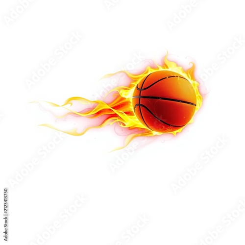 Flaming basketball streaks across white background, fiery sparks trailing behind, bright, hot