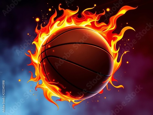 Flaming basketball vector illustration with fiery sparks, glowing, fire