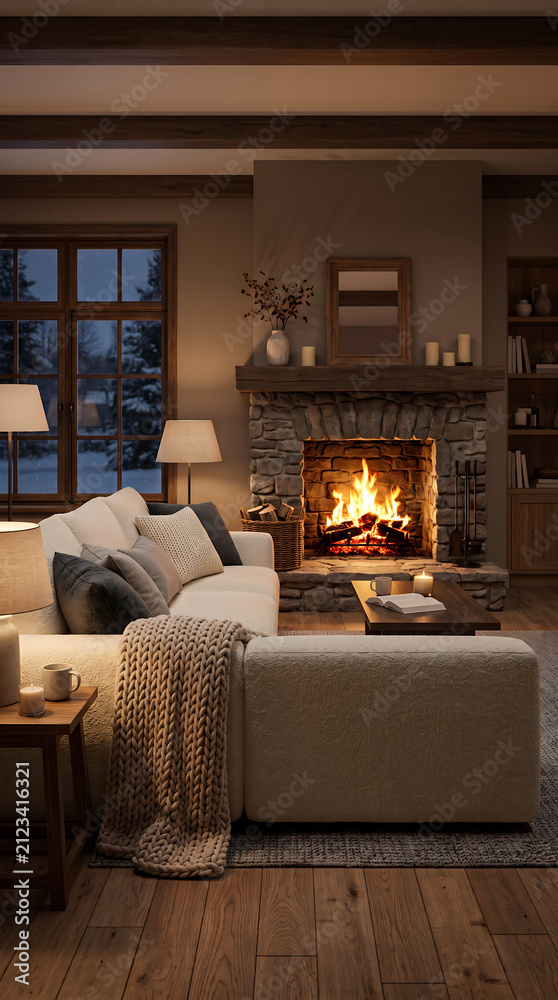 Fototapeta premium Cream bouclé sofa facing burning stone fireplace, orange flames and glowing embers, oatmeal wool blanket, amber firelight glow, winter evening
