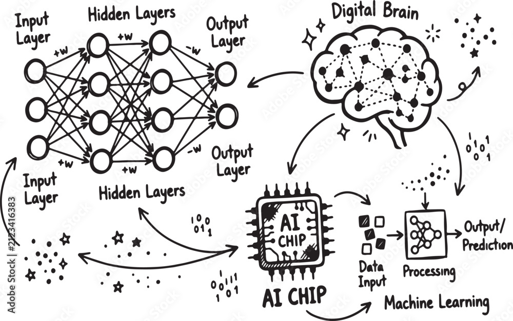 Obraz premium Machine learning processes are explained through a detailed conceptual diagram showing data input and output.