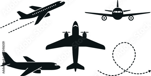 Fotografía Airplane silhouette vector set featuring passenger jets propeller plane and dott