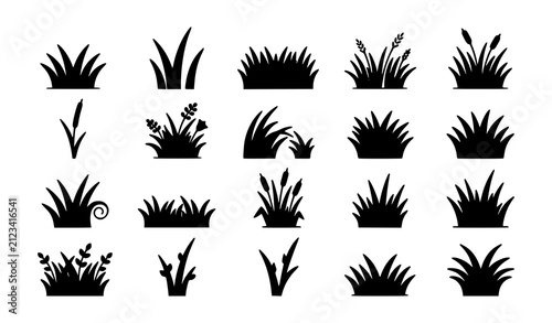 Grass icon set vector illustration with green lawn blades and nature elements in minimalist style