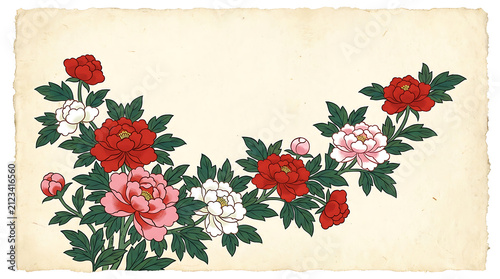 Korean folk peony spray, minhwa greeting card with copy space