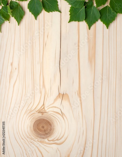 Wooden textured background with delicate green foliage along the top