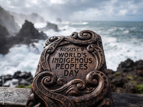 Carved Stone Totem Monument On Ocean Shore Rocks